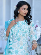 Vaasva Women's Cream Turquoise Linen Digital Printed Suit Set