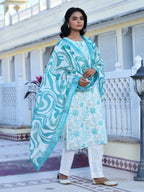 Vaasva Women's Cream Turquoise Linen Digital Printed Suit Set