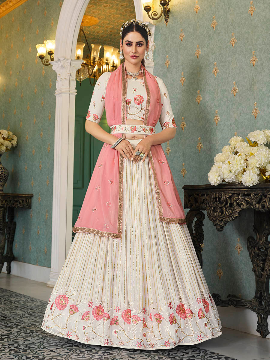 Myra Pearl White Georgette Embroidered Designer Lehenga