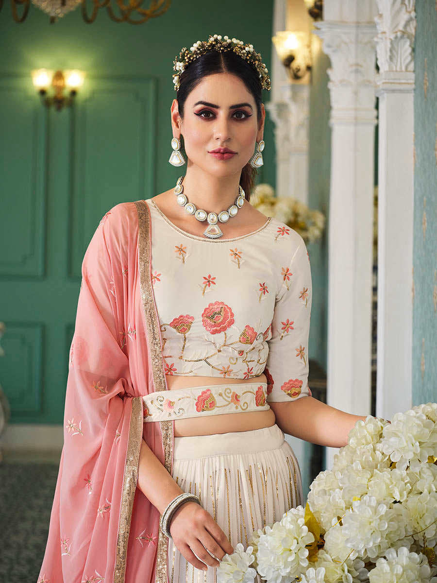 Myra Pearl White Georgette Embroidered Designer Lehenga