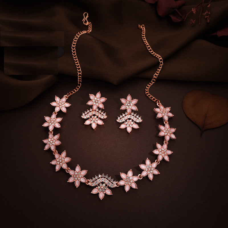 Tehzeeb Creations Baby Pink Colour Star Design Stone Studded Necklace With Earrings