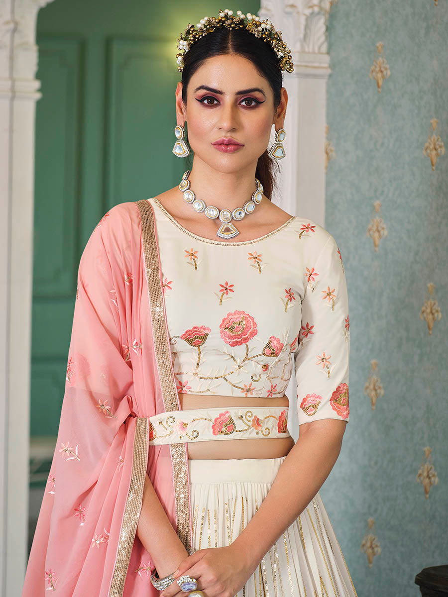 Myra Pearl White Georgette Embroidered Designer Lehenga