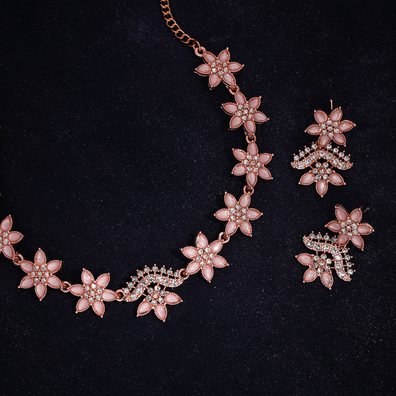Tehzeeb Creations Baby Pink Colour Star Design Stone Studded Necklace With Earrings