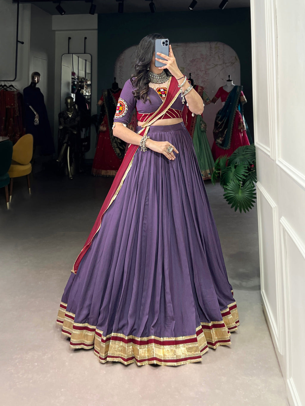 Lorenvalley Mauve Pure Rayon Embossed Design With Sequins Lace Border Lehenga Choli with Dupatta