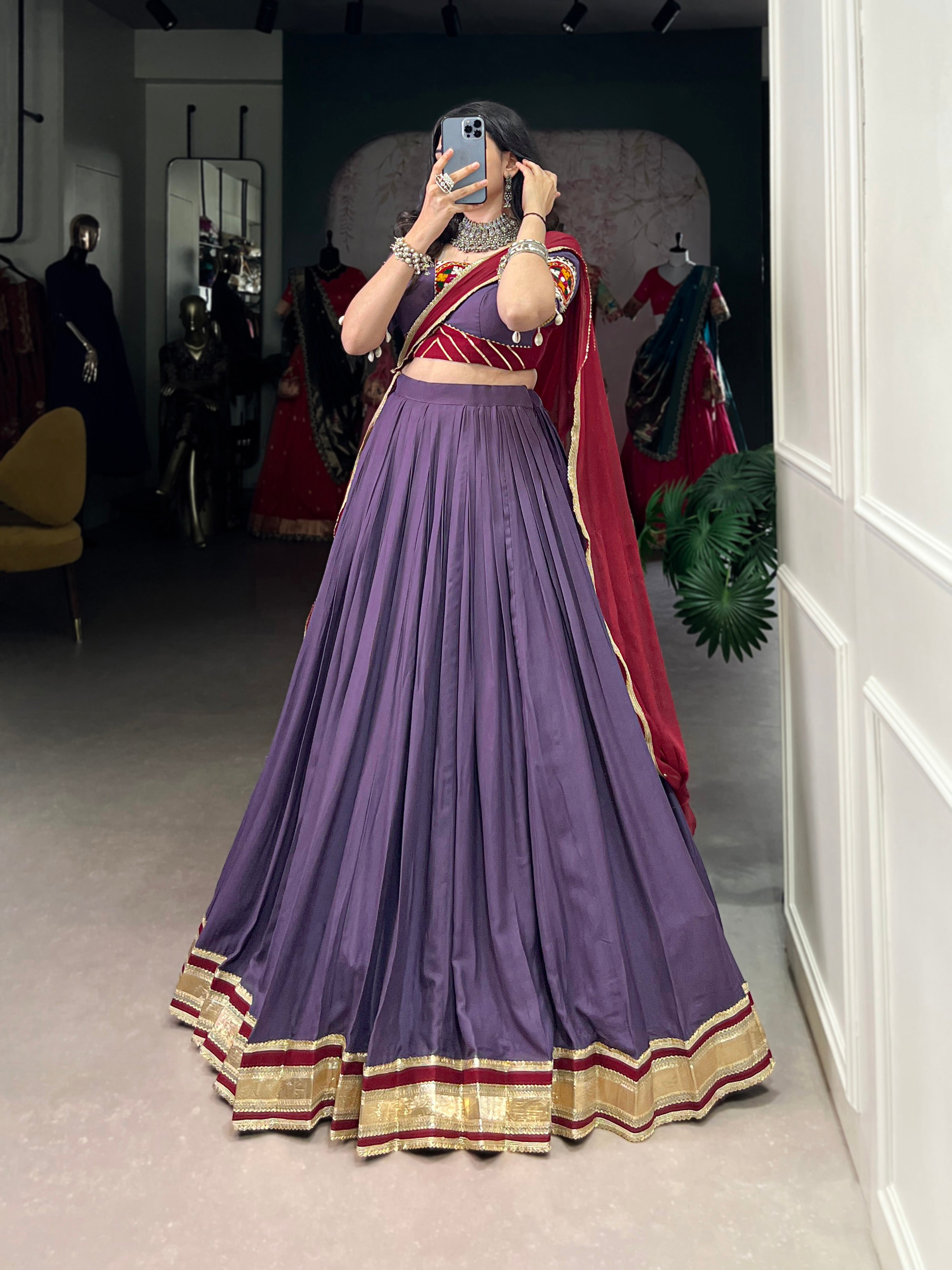 Lorenvalley Mauve Pure Rayon Embossed Design With Sequins Lace Border Lehenga Choli with Dupatta