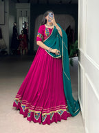 Lorenvalley Fashion Pink Pure Rayon Gamthi Work With Embossed Design And Lace Touch Up Lehenga Choli with Dupatta