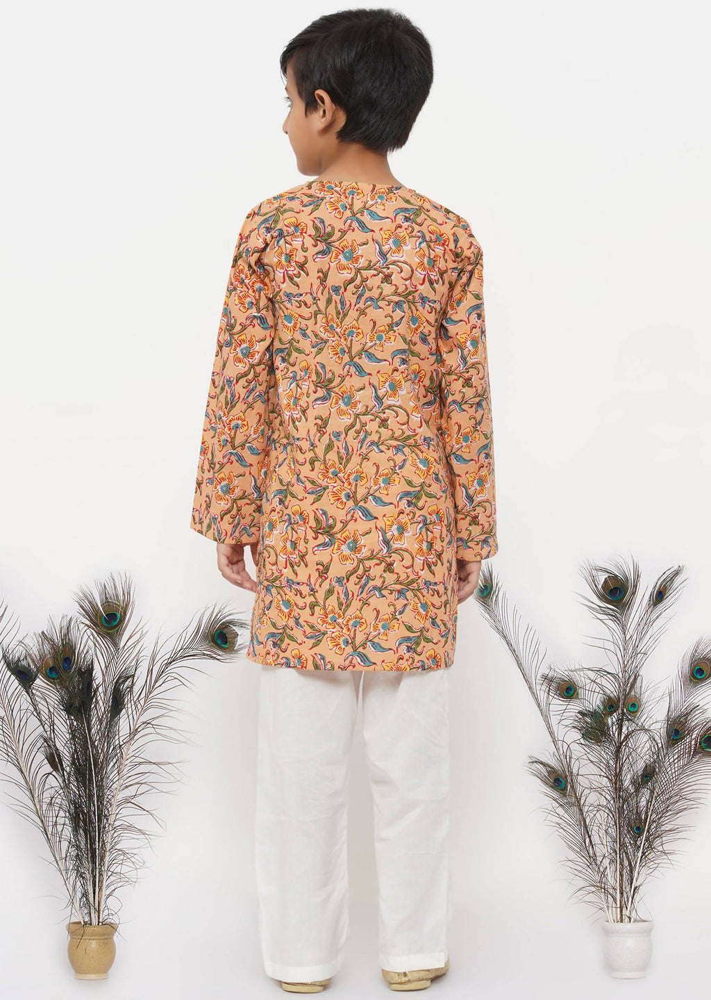 Little Bansi Boys Cotton Block Floral Kurta with Pearl Buttons & Pyjama in Orange & Cream
