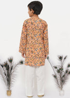 Little Bansi Boys Cotton Block Floral Kurta with Pearl Buttons & Pyjama in Orange & Cream