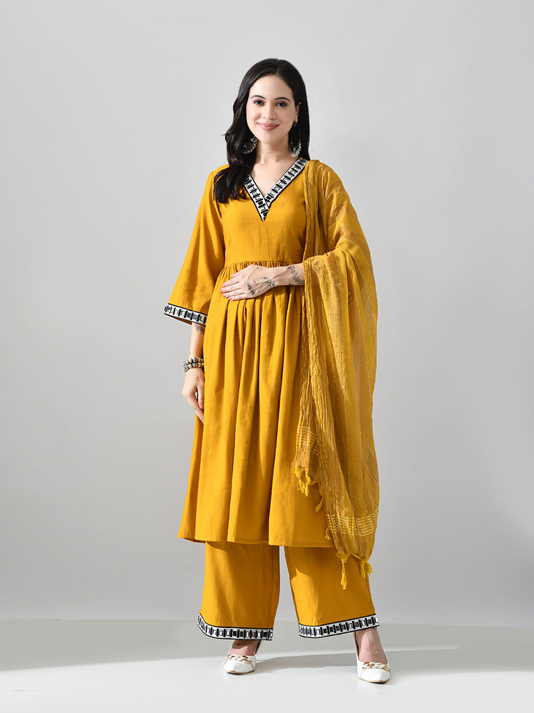 Myshka Women Mustard Embellished V-Neck Anarkali Kurta Palazzo With Dupatta - Distacart
