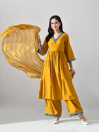 Myshka Women Mustard Embellished V-Neck Anarkali Kurta Palazzo With Dupatta - Distacart