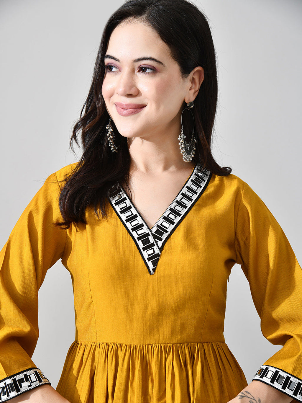 Myshka Women Mustard Embellished V-Neck Anarkali Kurta Palazzo With Dupatta - Distacart