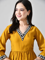 Myshka Women Mustard Embellished V-Neck Anarkali Kurta Palazzo With Dupatta - Distacart