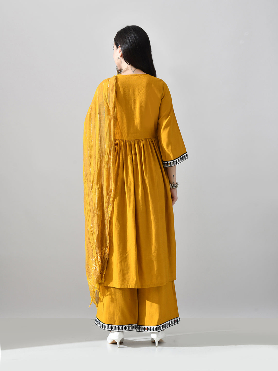 Myshka Women Mustard Embellished V-Neck Anarkali Kurta Palazzo With Dupatta - Distacart
