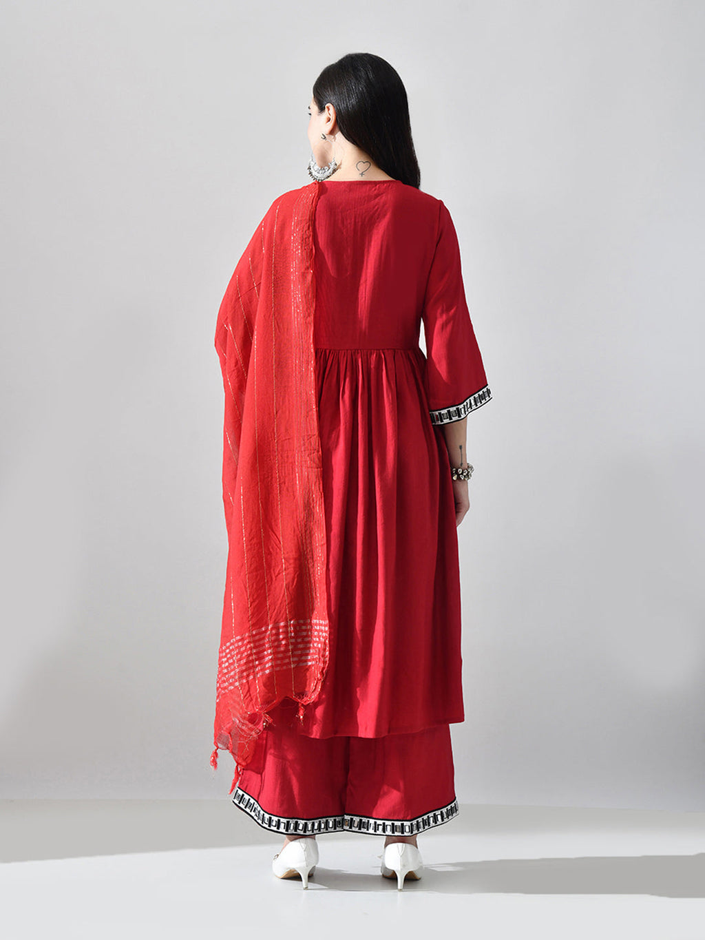 Myshka Women Red Embellished V-Neck Anarkali Kurta Palazzo With Dupatta - Distacart