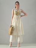 Myshka Women Off White Embroidered Long Kurta With Front Slit Trouser - Distacart