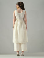 Myshka Women Off White Embroidered Long Kurta With Front Slit Trouser - Distacart