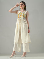 Myshka Women Off White Embroidered Long Kurta With Front Slit Trouser - Distacart
