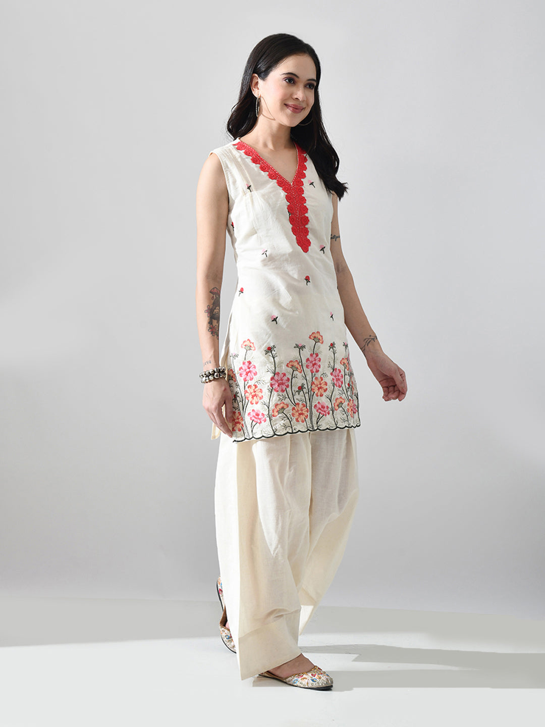 Myshka Women Off White Embroidered Short Kurta With Farsi Salwar - Distacart