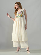 Myshka Women Off White Embroidered Long Kurta With Front Slit Trouser - Distacart