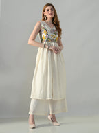 Myshka Women Off White Embroidered Long Kurta With Front Slit Trouser - Distacart