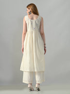 Myshka Women Off White Embroidered Long Kurta With Front Slit Trouser - Distacart
