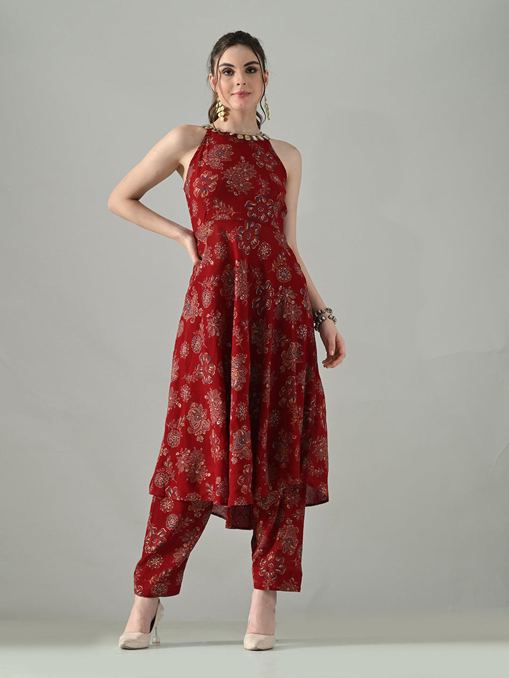 Myshka Women Red Halter Neck Flared Kurta With Elasticated Salwar