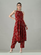 Myshka Women Red Halter Neck Flared Kurta With Elasticated Salwar