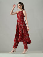 Myshka Women Red Halter Neck Flared Kurta With Elasticated Salwar