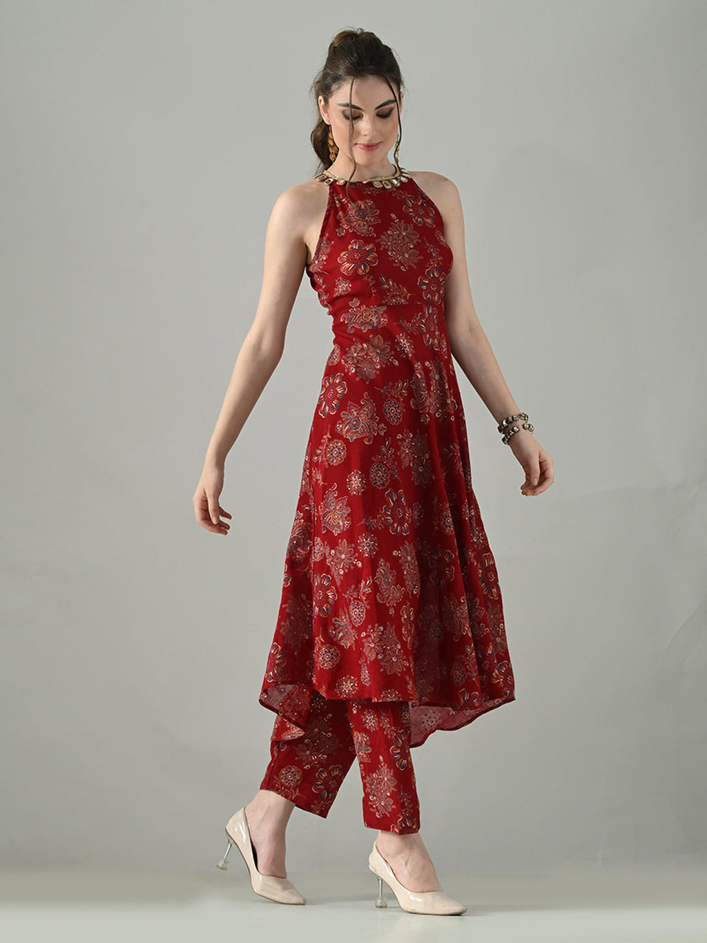 Myshka Women Red Halter Neck Flared Kurta With Elasticated Salwar