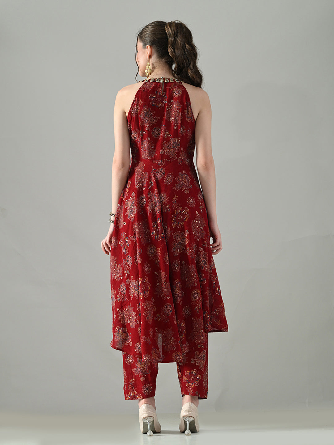 Myshka Women Red Halter Neck Flared Kurta With Elasticated Salwar