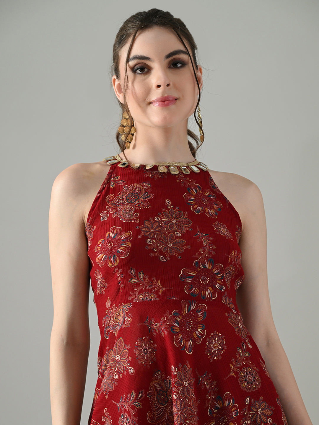 Myshka Women Red Halter Neck Flared Kurta With Elasticated Salwar
