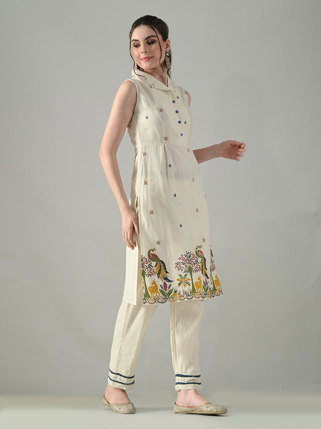 Myshka Women Off White Embroidered Lapel Collared Kurta With Trouser