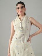 Myshka Women Off White Embroidered Lapel Collared Kurta With Trouser
