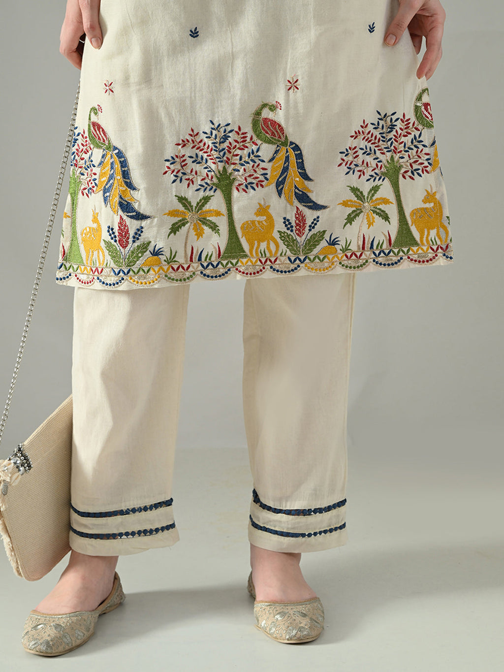 Myshka Women Off White Embroidered Lapel Collared Kurta With Trouser