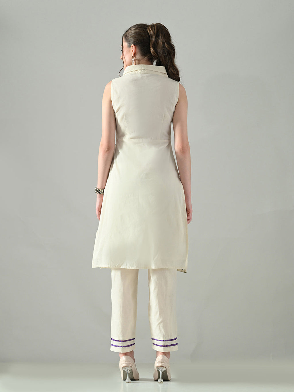 Myshka Women Off White Embroidered Lapel Collared Kurta With Trouser