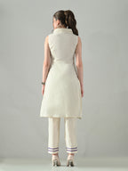 Myshka Women Off White Embroidered Lapel Collared Kurta With Trouser