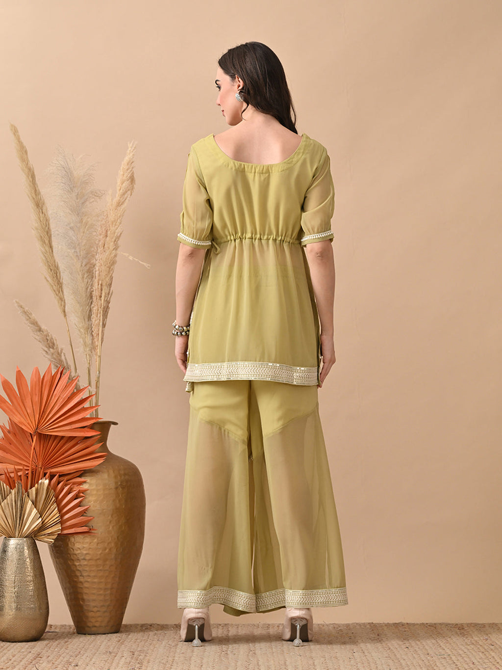Myshka Women Green Short Kurta Lace Embellished Self Design Palazzo