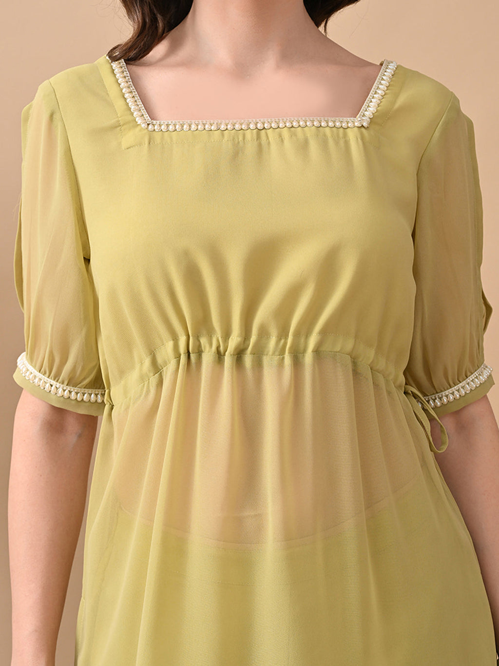 Myshka Women Green Short Kurta Lace Embellished Self Design Palazzo