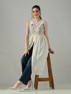 Myshka Women Off White Multicolor Thread Embroidered Sleeveless Long Kurta - Distacart
