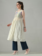 Myshka Women Off White Multicolor Thread Embroidered Sleeveless Long Kurta - Distacart