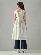 Myshka Women Off White Multicolor Thread Embroidered Sleeveless Long Kurta - Distacart