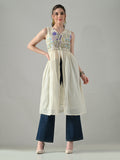 Myshka Women Off White Multicolor Thread Embroidered Sleeveless Long Kurta - Distacart