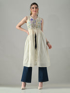 Myshka Women Off White Multicolor Thread Embroidered Sleeveless Long Kurta - Distacart