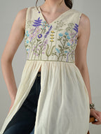 Myshka Women Off White Multicolor Thread Embroidered Sleeveless Long Kurta - Distacart