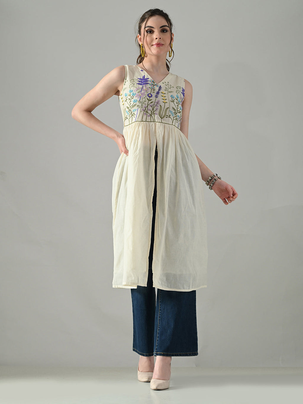 Myshka Women Off White Multicolor Thread Embroidered Sleeveless Long Kurta - Distacart