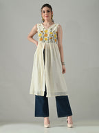Myshka Women Off White Multicolor Thread Embroidered Sleeveless Long Kurta - Distacart