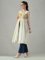 Myshka Women Off White Multicolor Thread Embroidered Sleeveless Long Kurta - Distacart