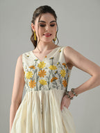 Myshka Women Off White Multicolor Thread Embroidered Sleeveless Long Kurta - Distacart