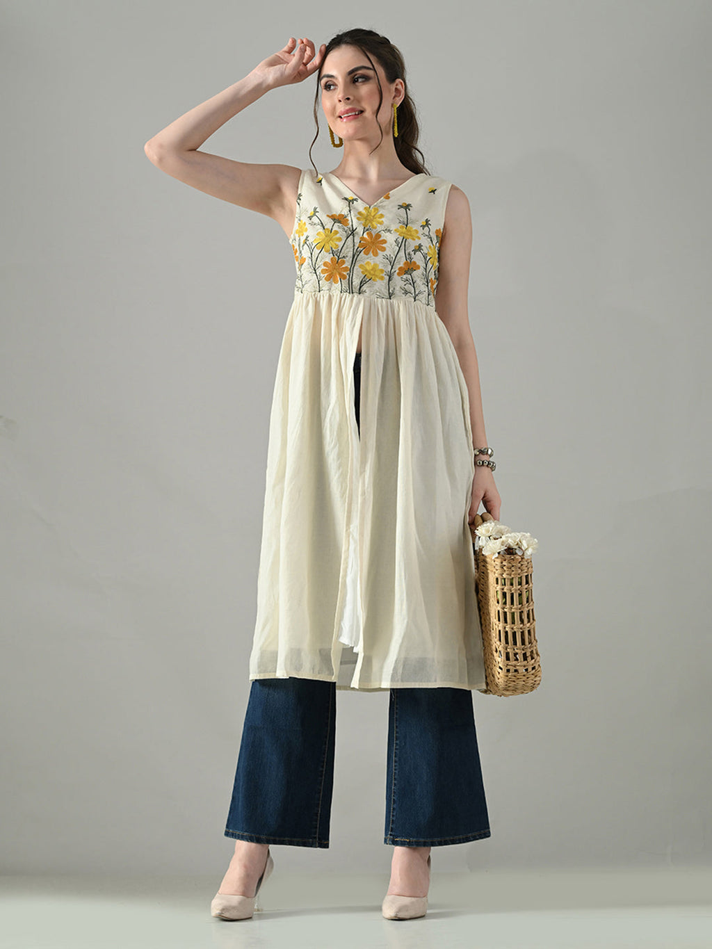 Myshka Women Off White Multicolor Thread Embroidered Sleeveless Long Kurta - Distacart