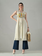 Myshka Women Off White Multicolor Thread Embroidered Sleeveless Long Kurta - Distacart
